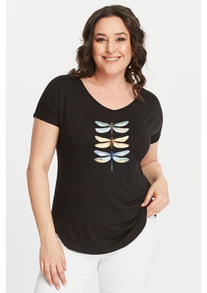 Büyük Beden Dragonfly Baskılı Geniş V Yaka Kısa Kol Oval Yırtmaç Bluz