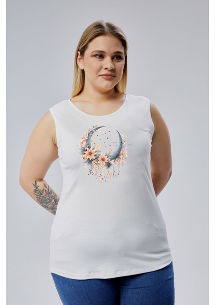 Büyük Beden Boho Hilal Baskılı Kolsuz Viskon Basic Bluz