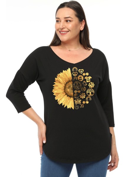 Büyük Beden Sun Flower Baskılı Geniş V Yaka Yarım Kol Oval Yırtmaç Bluz
