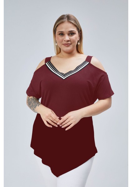 Büyük Beden Yaka Şerit Omuz Dekolte Üçgen Etekli Bluz