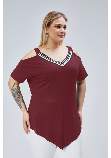 Büyük Beden Yaka Şerit Omuz Dekolte Üçgen Etekli Bluz fiyatları