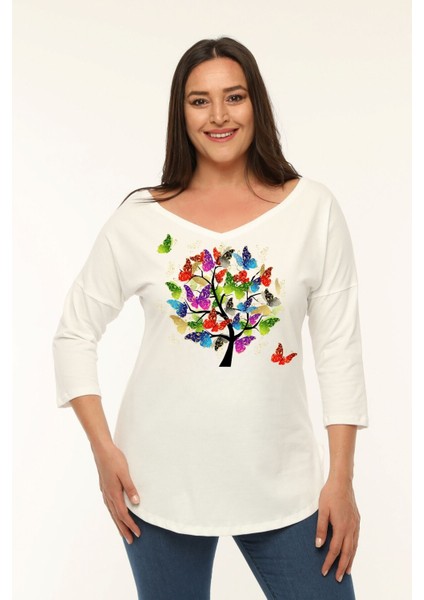 Büyük Beden Renkli Kelebekler Baskılı Geniş V Yaka Yarım Kol Oval Yırtmaç Bluz
