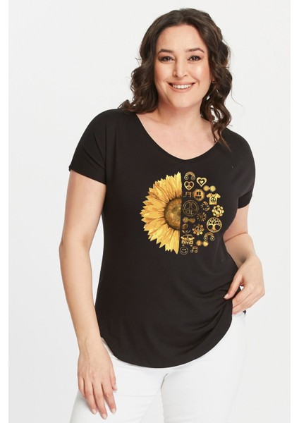 Büyük Beden Sun Flower Baskılı Geniş V Yaka Kısa Kol Oval Yırtmaç Bluz