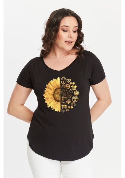 Büyük Beden Sun Flower Baskılı Geniş V Yaka Kısa Kol Oval Yırtmaç Bluz fiyatları