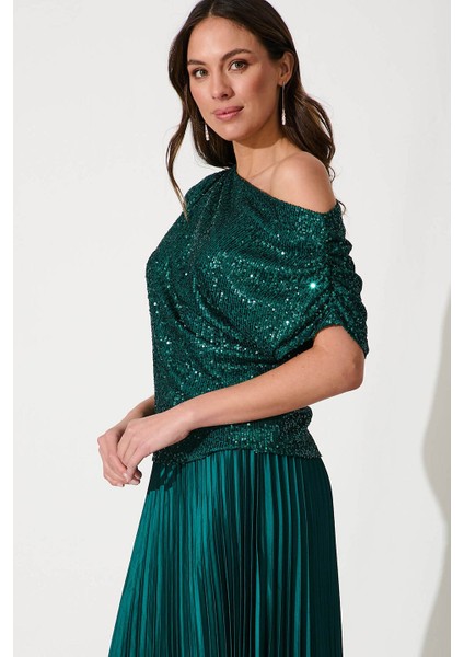 Kadın Yeşil Damla Omuz Payet Bluz fırsatları