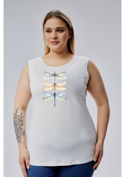 Büyük Beden Dragonfly Baskılı Kolsuz Viskon Basic Bluz