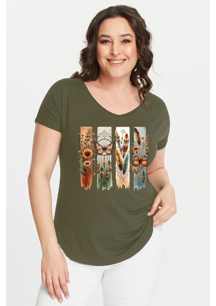 Büyük Beden Bohem Kelebek Baskılı Geniş V Yaka Kısa Kol Oval Yırtmaç Bluz