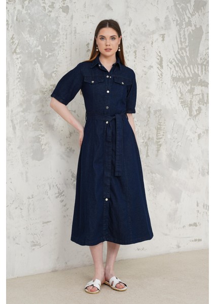 Kemerli Denim Elbise