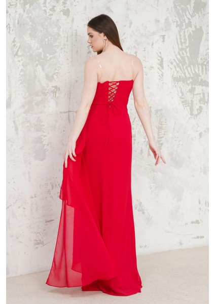 Önü Yırtmaçlı Straplez Kırmızı Abiye Elbise modelleri