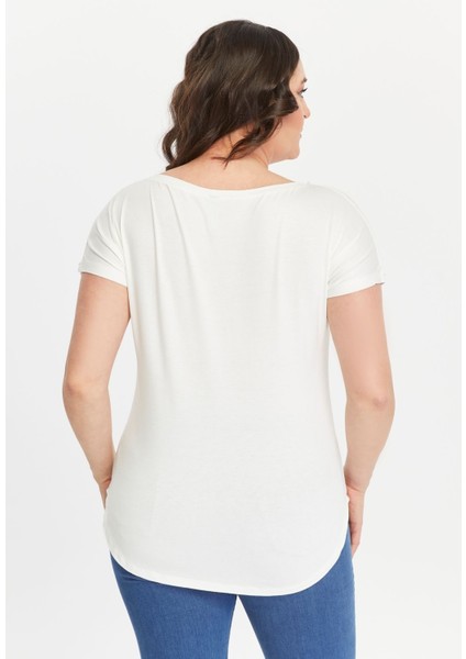 Büyük Beden Mavi Çiçekli Silüet Baskılı Geniş V Yaka Kısa Kol Oval Yırtmaç Bluz fiyatları