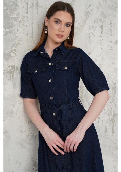 Kemerli Denim Elbise