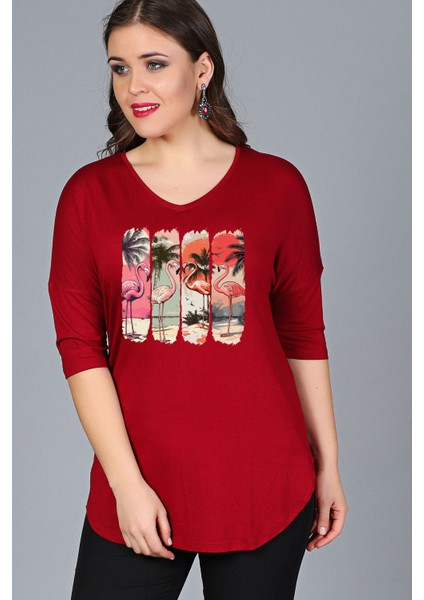 Büyük Beden Flamingo Baskııl Yarım Kol Yan Yırtmaç Bluz