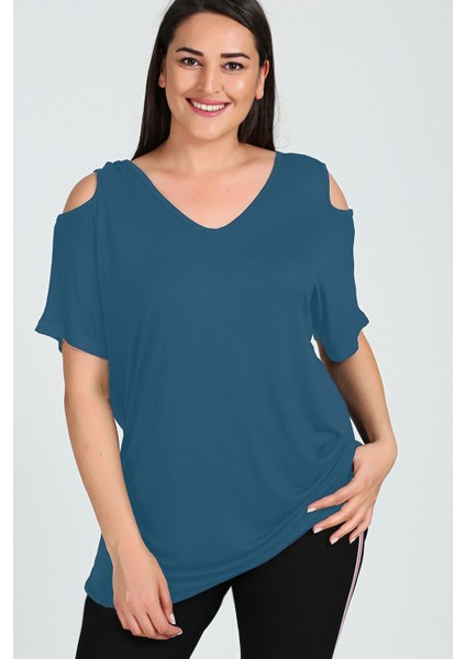 Büyük Beden Omuzu V Pencere Kısa Kol Bluz