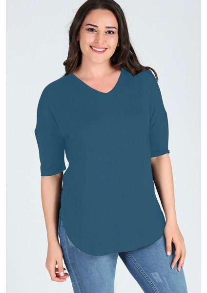 Büyük Beden Yan Yırtmaç Yarım Kol Bluz