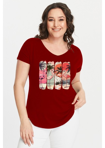 Büyük Beden Flamingo Baskılı Geniş V Yaka Kısa Kol Oval Yırtmaç Bluz