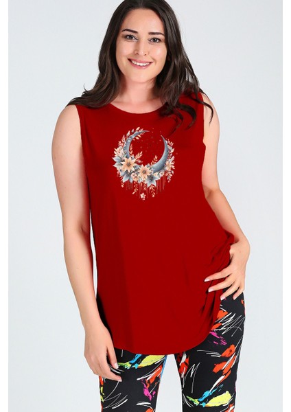 Büyük Beden Boho Hilal Baskılı Kolsuz Viskon Basic Bluz