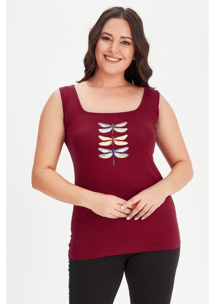 Büyük Beden Dragonfly Baskılı Kare Yaka Kalın Askılı Atlet Bluz