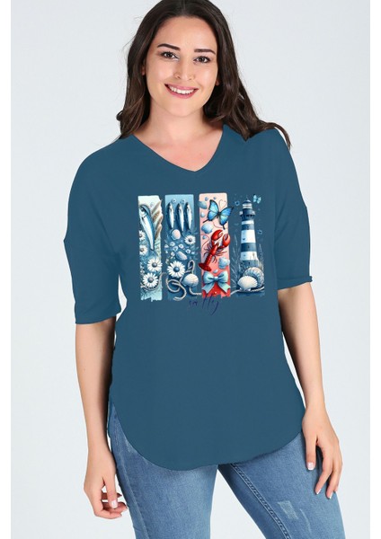 Büyük Beden Deniz Feneri Salty Baskılı Yarım Kol Yan Yırtmaç Bluz