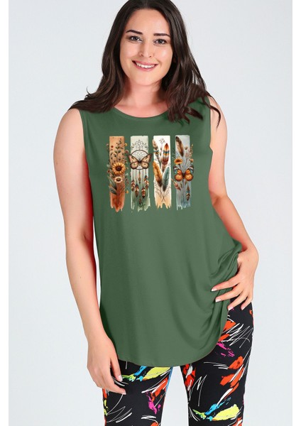 Büyük Beden Boho Kelebek Baskılı Kolsuz Viskon Basic Bluz