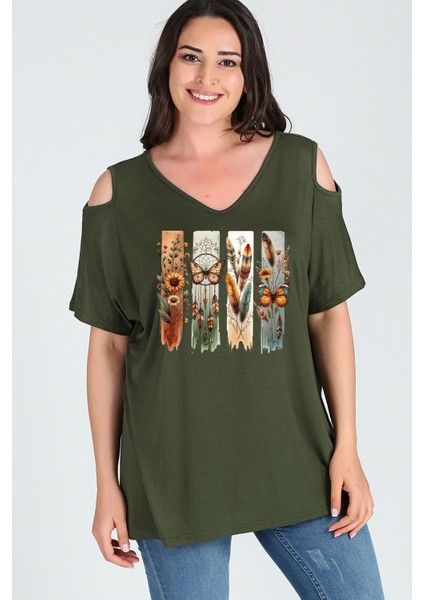 Büyük Beden Bohem Kelebek Baskılı Omuzu V Pencere Kısa Kol Bluz