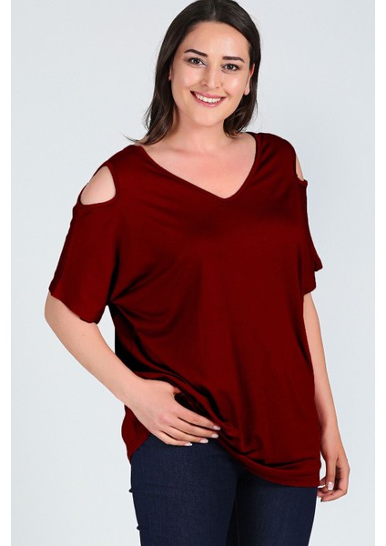Büyük Beden Omuzu V Pencere Kısa Kol Bluz
