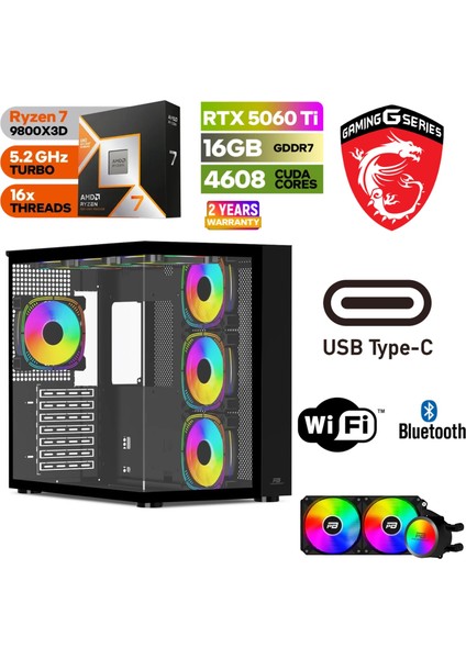 Gaming Pc Ddr5 – Rtx 5060Tİ 16 GB – Ryzen 7 9800X3D – 32GB - 64GB Ddr5 Ram – 1 Tb M.2 SSD – Sıvı Sogutmalı - Windows 11 Pro –