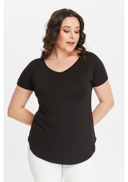 Büyük Beden Geniş V Yaka Kısa Kol Oval Yırtmaç Bluz fiyatları