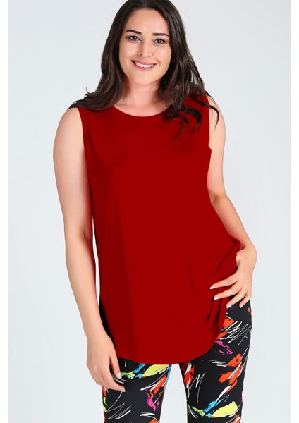Kadın Kolsuz Viskon Basic Bluz Yuvarlak Yaka Regular Kesim