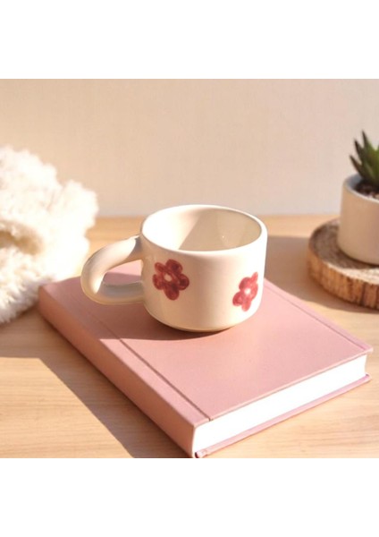 El Yapımı Seramik Kupa Pembe Çiçek Desenli Kupa Bardak 180 ml Mug