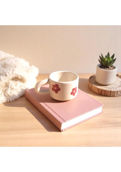 El Yapımı Seramik Kupa Pembe Çiçek Desenli Kupa Bardak 180 ml Mug