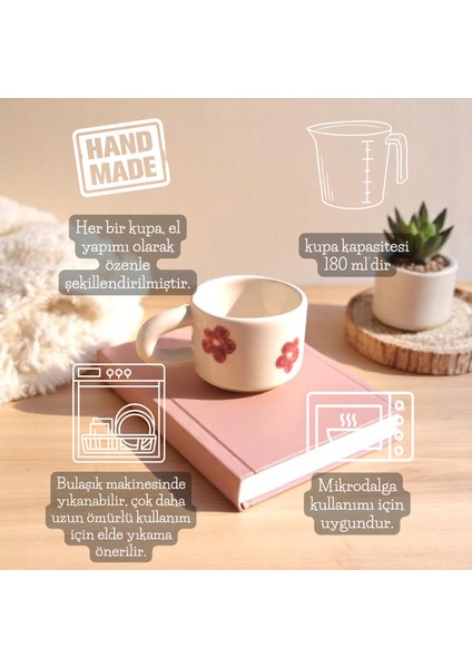 El Yapımı Seramik Kupa Pembe Çiçek Desenli Kupa Bardak 180 ml Mug
