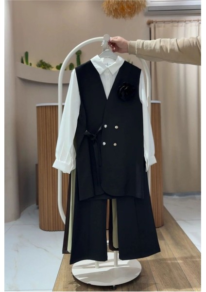 Nilay Kadın Siyah Trend Yandan Bağlamalı Yelek Gömlek Pantolon 3'lü Takım NILAY-1421