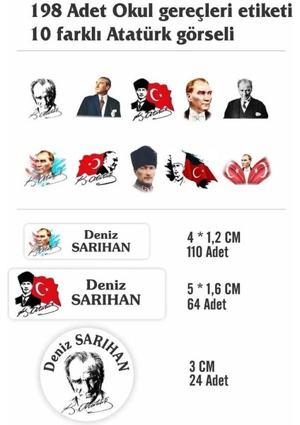 Isim Baskılı Defter Kalem Okul Etiketi ( 198 Adet Atatürk Temalı ) fiyatları