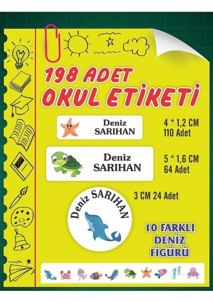 Isim Baskılı Defter Kalem Okul Etiketi ( 198 Adet Deniz Temalı )