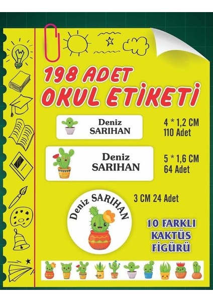 Isim Baskılı Defter Kalem Okul Etiketi ( 198 Adet Sevimli Kaktüs Temalı )