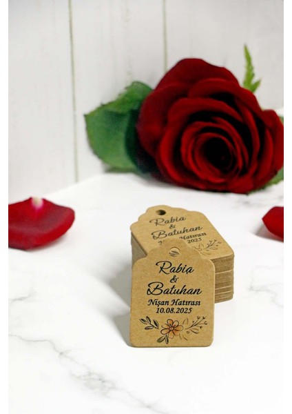 Papatya Çiçek Baskılı Kişiye Özel Etiket / 100 Adet Kraft Etiketi (3 X5 Cm)