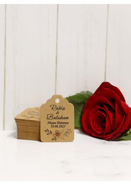 Papatya Çiçek Baskılı Kişiye Özel Etiket / 100 Adet Kraft Etiketi (3 X5 Cm)