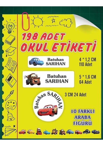 Isim Baskılı Defter Kalem Okul Etiketi ( 198 Adet Arabalar Temalı )