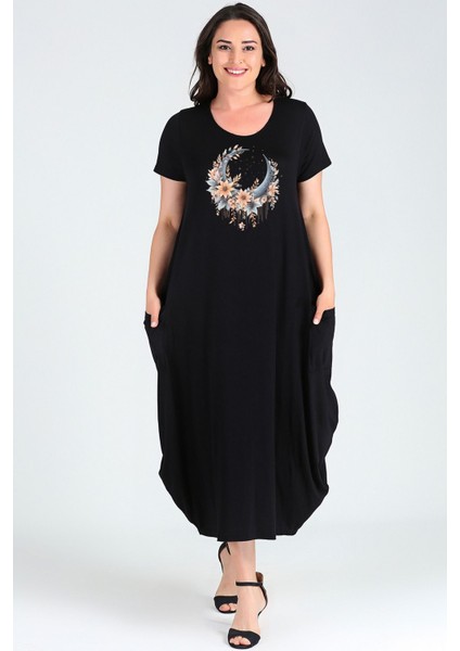 Büyük Beden Boho Hilal Baskılı Jumbo Kısa Kol Elbise