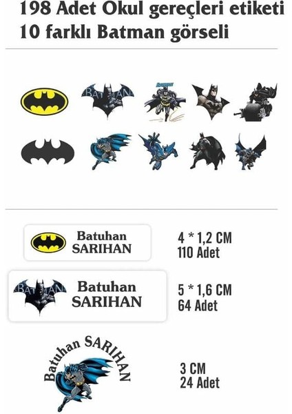 Kişiye Özel Batman Temalı Etiket ( 198 Adet Defter Kalem Okul Etiketi ) fiyatları