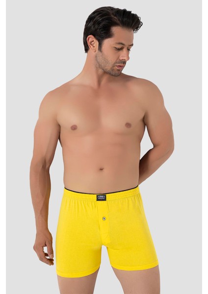 Erkek Sarı Düğmeli Boxer 3'lü Paket %100 Pamuklu Penye