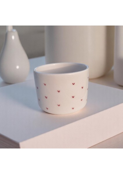 El Yapımı Seramik Kulpsuz Minimal Pembe Kalpli Kupa Bardak 200 ml Mug Kalp Desenli Kahve Bardağı Hediye