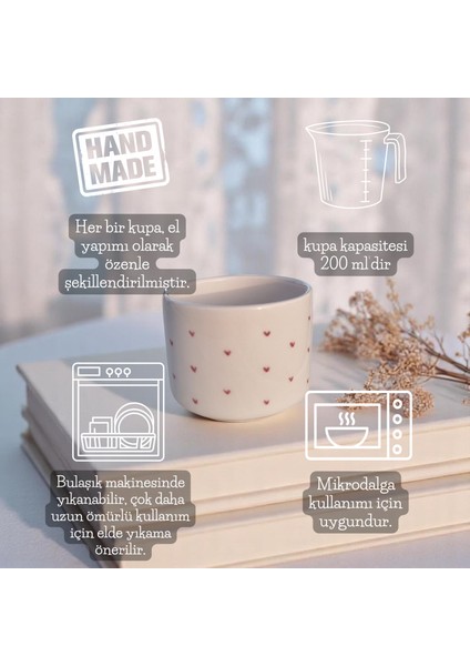 El Yapımı Seramik Kulpsuz Minimal Pembe Kalpli Kupa Bardak 200 ml Mug Kalp Desenli Kahve Bardağı Hediye