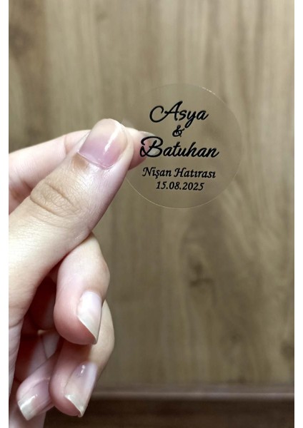 Kişiye Özel Şeffaf Etiket / Nikah - Nişan Etiketi / 100 Adet Yuvarlak Zarf Etiketi (3,5 Cm)