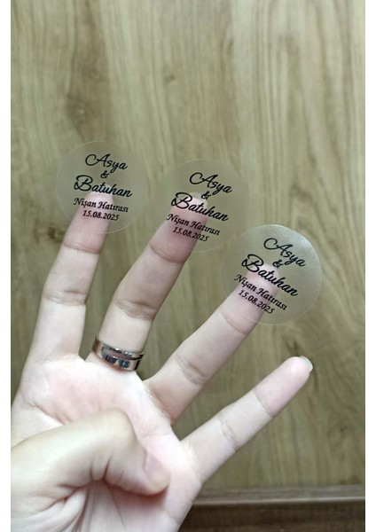 Kişiye Özel Şeffaf Etiket / Nikah - Nişan Etiketi / 100 Adet Yuvarlak Zarf Etiketi (3,5 Cm)