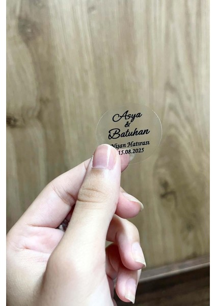 Kişiye Özel Şeffaf Etiket / Nikah - Nişan Etiketi / 100 Adet Yuvarlak Zarf Etiketi (3,5 Cm)