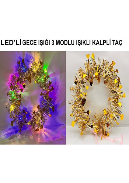 Kalp Püsküllü Gece Parıltısı 3 Modlu LED39LI Işıklı Taç Altın Renk - Lisinya