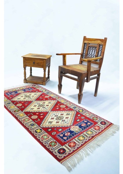 Antik Yörük El Dokuma Halı Krem ve Kırmızı Renk 80X155 cm (1.24 M²)