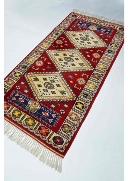 Antik Yörük El Dokuma Halı Krem ve Kırmızı Renk 80X155 cm (1.24 M²)