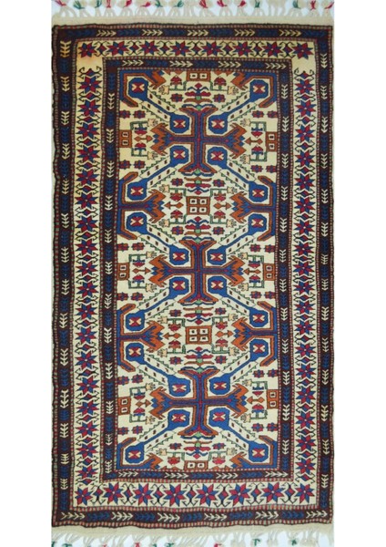 Demirci Yağcıbedir El Dokuma Halı Krem, Mavi ve Kiremit Renk 97X193 cm (1.87 M²)